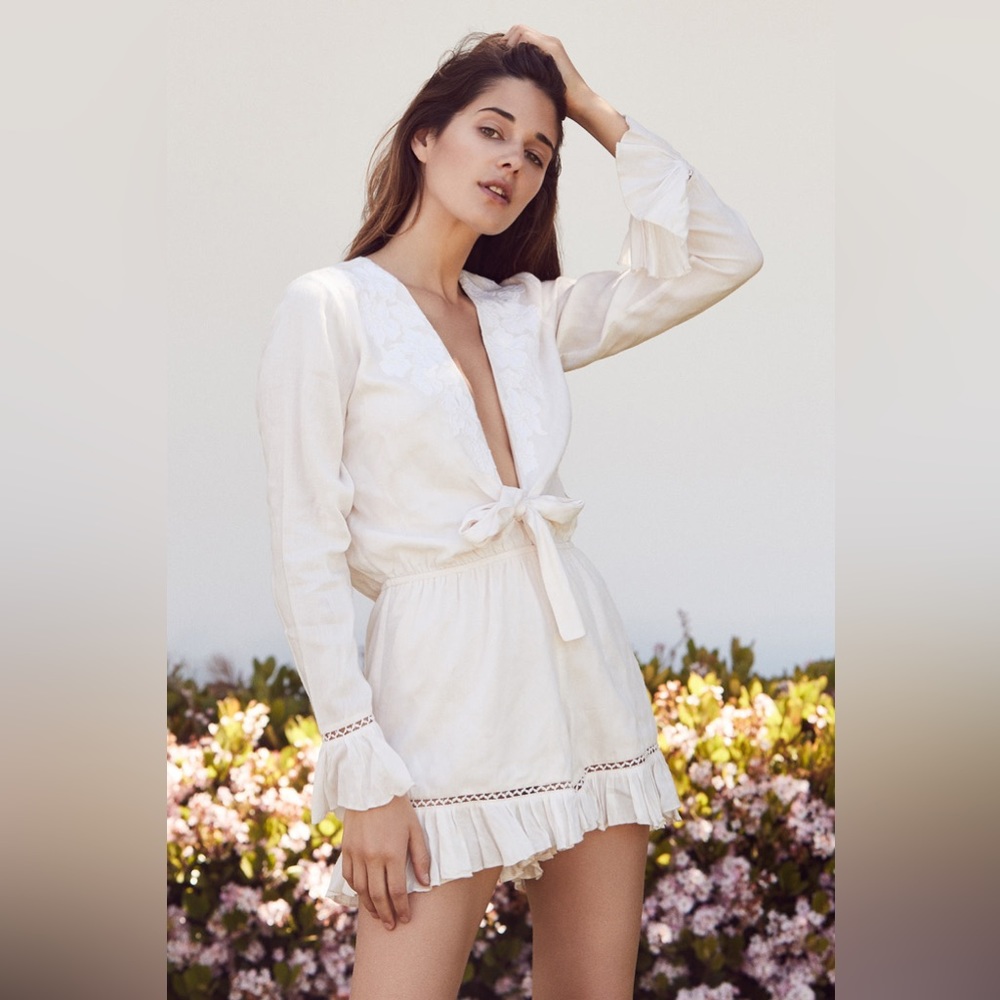Revolve Tularosa White Embroidered Ruffled Barlow Viscose Romper (S)